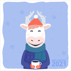 Happy new year 2021 concept. Symbol of 2021 year. Year of the bull. Funny Cow with a cup of hot coffee or tea in a hat, scarf and ugly sweater with a holiday lights.