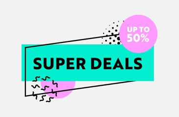 Super Deals Price Off Banner with Percent Sign, Discount Trendy Style Label with Geometric Shape and Linear Elements