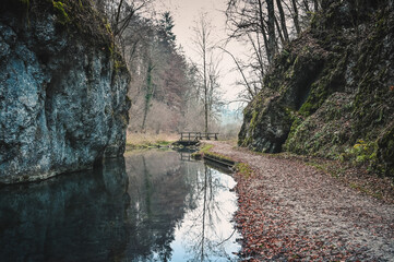 Forest scenery showing a big rock a t a still river and a forest path with a bridge in the background during winter. The scenery reflects in the dark water.