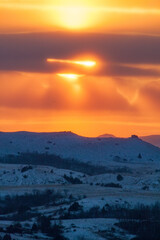 Winter sunset over the badlands of North Dakota