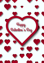 Background in red and white colors with the inscription congratulations on valentine's day in paper cut style. Randomly placed hearts of different sizes with shadows on the layers.