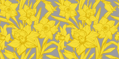 Naklejka na ściany i meble Yellow Illuminating Daffodils Hand Drawn Closeup on Gray Background Ultimate Gray. Floral seamless pattern with silhouettes of narcissus flowers in full bloom for textile, wallpaper, bedding.