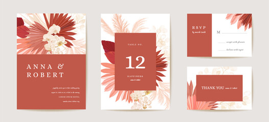 Wedding dried lunaria, orchid, pampas grass floral Save the Date set. Vector exotic dry flower, palm leaves boho © wooster
