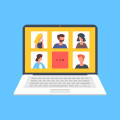 Video conferencing, web conferencing, video call, online chat, webinar concepts. Laptop with talking people on screen. Video communication technology. Modern flat design. Vector illustration