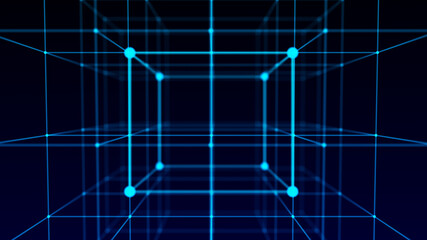 Blockchain technology concept. Distributed registry technology. Big data visualization. 3d illustration with lines on blue background. 3D rendering.