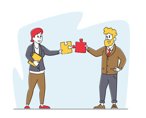 Teamwork Cooperation, Collective Work, Partnership Concept. Office Characters Work Together Setting Up Puzzle Pieces