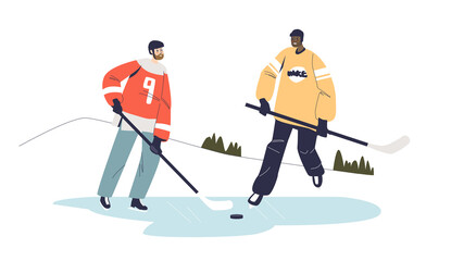 Fototapeta premium Two men play hockey outdoors. Cartoon male characters in hockey players in sport uniform