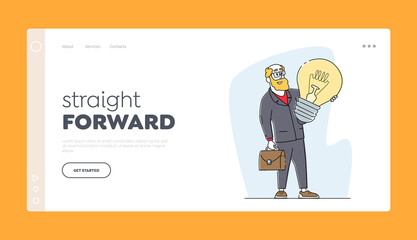 Obraz premium Businessman with Creative Idea Landing Page Template. Business Vision, Education and Motivation. Character Holding Bulb