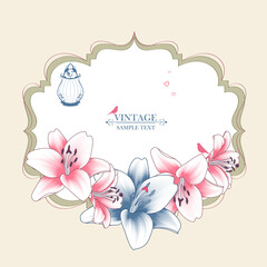 Vintage floral frame with lily flowers. Vector illustration. Element for design of cards, congratulations, wedding ceremonies,celebrations.Congratulations on March 8 for women.