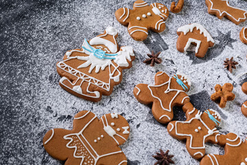 Quarantine from Covid-19. Christmas gingerbread cookies with masks