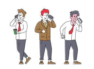 Mobile Phone Communication. Office Workers or Business Men Characters Speaking by Smartphones Isolated on White