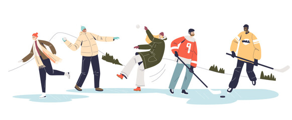 Winter activities set with cartoons playing hockey and snowballs and skating on ice rink