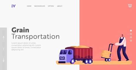 Grain Transportation Landing Page Template. Worker Loading Sacks with Flour on Truck, Cereals Manufacture, Production