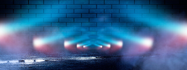 Dark empty brick wall, blue and red neon lights. Night city street, narrow corridor, night lights.