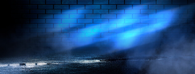 Dark empty brick wall, blue and red neon lights. Night city street, narrow corridor, night lights.