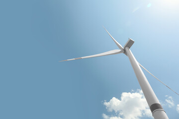 Modern wind turbine against blue sky, low angle view. Energy efficiency