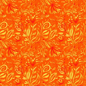 Orange-yellow seamless floral pattern. Repeating background with simple abstract watercolor bouquets with flowers and leaves. Hand drawn decor for fabric print or wallpaper. 
