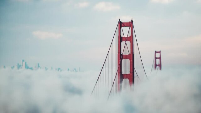 Fog over the Golden Gate Bridge at sunrise. 3d visualization