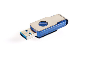 Blue and silver USB 3.0 flash drive isolated on white background . USB Pen Drive or flash drive on white background. Close-up. Full depth of field.