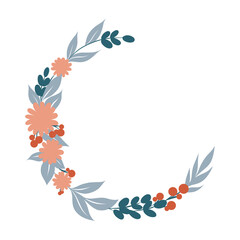 Floral Frame. Cute retro flowers arranged un a shape of the wreath perfect for wedding invitations, birthday cards and covers, poligraphy. Round frame border
