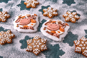 Christmas homemade Gingerbread glazed and painted in the shape of a bull and snowflakes, symbol of the year 2021. Blue background. Holiday sweets for decoration and gifts.