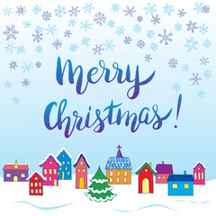 Christmas card template with Christmas trees, traditional houses in cartoon style and handwritten text Merry Christmas! 