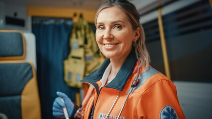 Calm and Happy Female EMS Professional Paramedic Smiles on Camera in Ambulance Vehicle. Successful Emergency Medical Technician on Their Way to a Call Outside the Healthcare Hospital. © Gorodenkoff