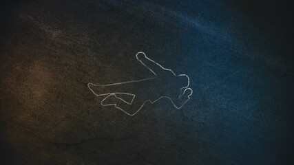 Top Down Shot of a Chalk Body Outline on the Pavement Symbolizing a Crime Scene Done on a Street at...