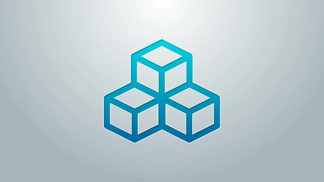 Blue line Isometric cube icon isolated on grey background. Geometric cubes solid icon. 3D square sign. Box symbol. 4K Video motion graphic animation