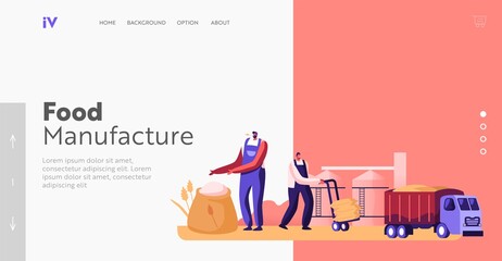 Flour Production Landing Page Template. Characters Producing Wheat, Manufacture Process, Bread Industry, Harvesting