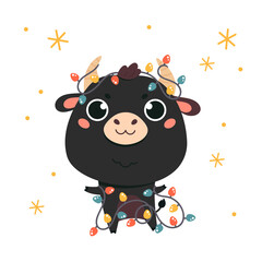 Cute cartoon ox with garland. Happy new year cattle.Chinese new year 2021 symbol.Holiday animal on white background with snowflakes for the design of calendars, cards, advertising.Vector illustration.