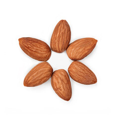 Single almond flower. 6 raw almonds arranged in a shape of a flower. Concept for health benefits of eating nuts, plant-based diet, or the perfect healthy snack. Isolated on white.