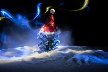 Traditional holiday attributes on snow. Creative artwork decorations. Empty space for your text