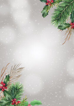Watercolor grey Christmas background with mistletoes and fir twigs. Xmas background
