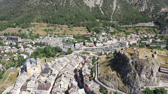 Panoramic view from the drone on the city Briancon. France