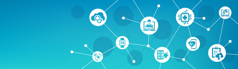 digital healthcare / smart health devices / iot technology in medicine vector illustration. Concept around medical big data, cloud applications, wearable health monitoring, digital / virtual diagnosis