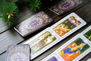 Set of old tarot cards, concept ofdivination in Christmas time