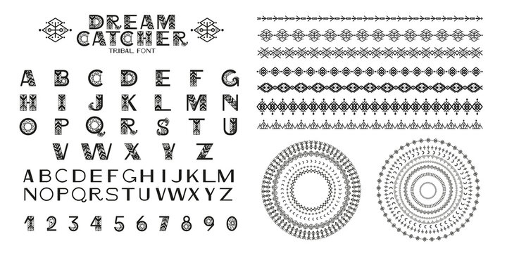 Tribal Alphabet and ornaments. Letters and symbols in geometric ethnic style. Aztec and native americans fabric style. Vector illustration