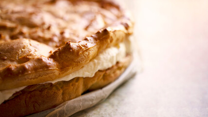 A freshly baked cream pie was banner shot in macro style for your cozy design. There is a space for text.