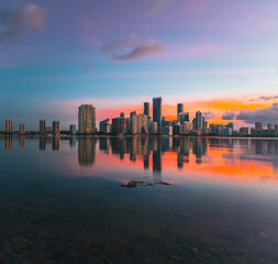 sunset over the city Miami Florida reflections 