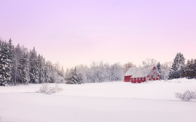 Naklejka premium Winter Landscape with a Barn