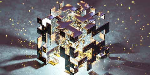 abstract metal steel cube exploding with glowing particles 3d render illustration