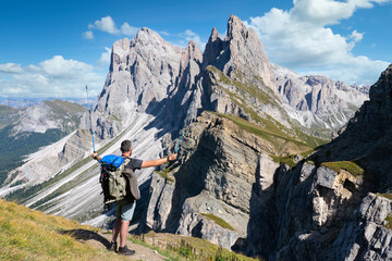 Naklejka premium Seceda peaks. Trentino Alto Adige, Dolomites Alps, South Tyrol, Italy. Odle mountain range, Val Gardena. Majestic Furchetta peak