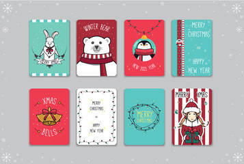 Image with Christmas cards. Merry Christmas and Happy New Year greetings. Christmas postcards with bunny, polar bear, penguin, bells, garland and elf. Vector illustration.