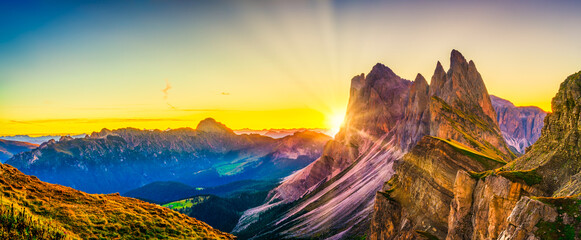 Amazing sunset panorama of Seceda mountain peak. Trentino Alto Adige, Dolomites Alps, South Tyrol, Italy, Europe