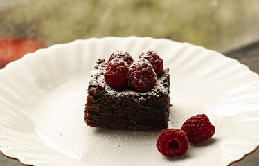 Brownie cake piece. Homemade tasty chocolate brownie pieces with chocolate and fresh berries. Side view. Horizontal orientation