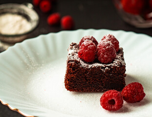 Brownie cake piece. Homemade tasty chocolate brownie pieces with chocolate and fresh berries. Side view. Horizontal orientation