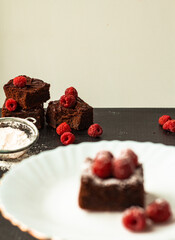 Brownie cake pieces. Homemade tasty chocolate brownie pieces with chocolate and fresh berries. Side view. Vertical orientation. Blurred piece in front