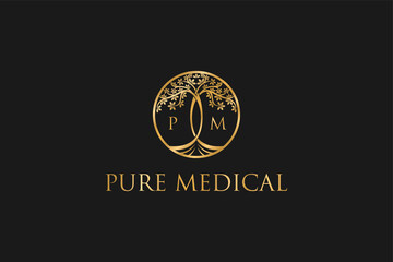 Tree logo gold luxury medical, beauty wellness yoga salon, yoga studio, nature tree eco, leaf logo.