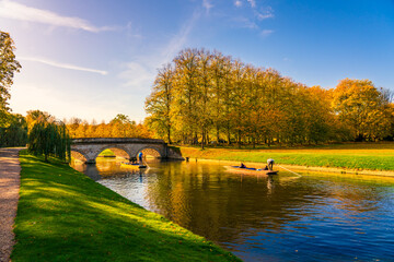 Beautiful sunny autumn scenery of river Cam in Cambridge city. UK
